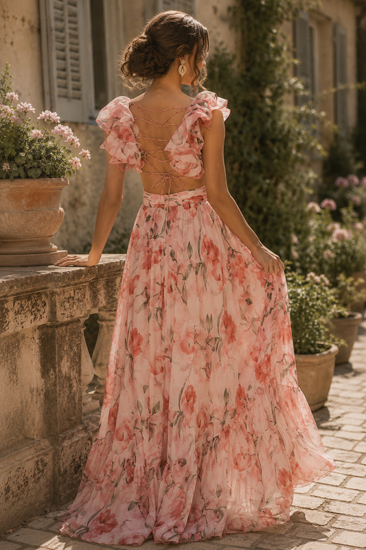 Floral Wrap V Neck Maxi Dress