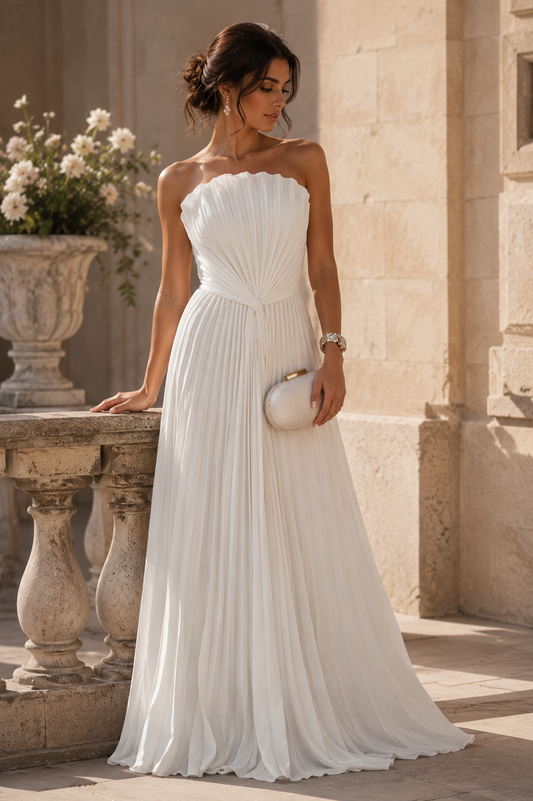 Pleated Strapless Split Maxi Dress
