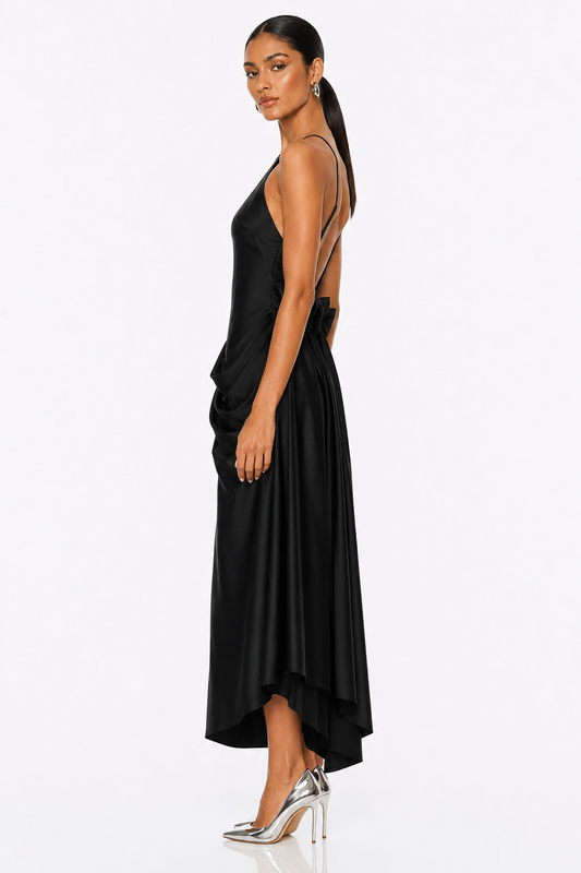 Halter Neck Draped Pocket Satin Midi Dress