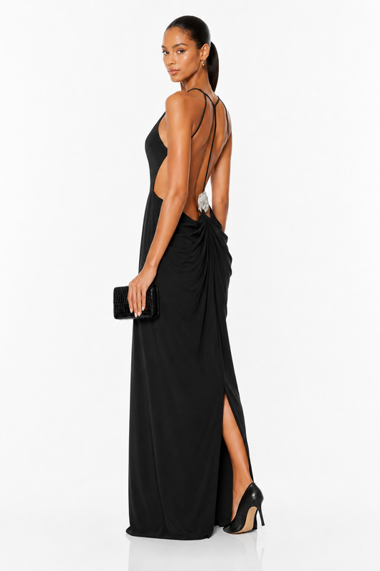 High Neck Low Back Draped Maxi Dress