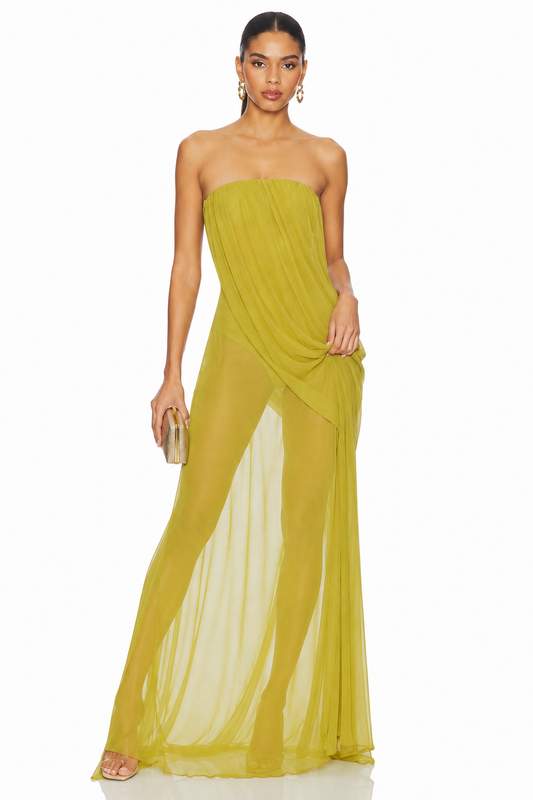 Strapless Draped Sheer Panel Maxi Gown