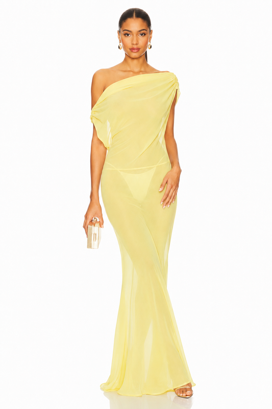 Off Shoulder Draped Sheer Maxi Dress