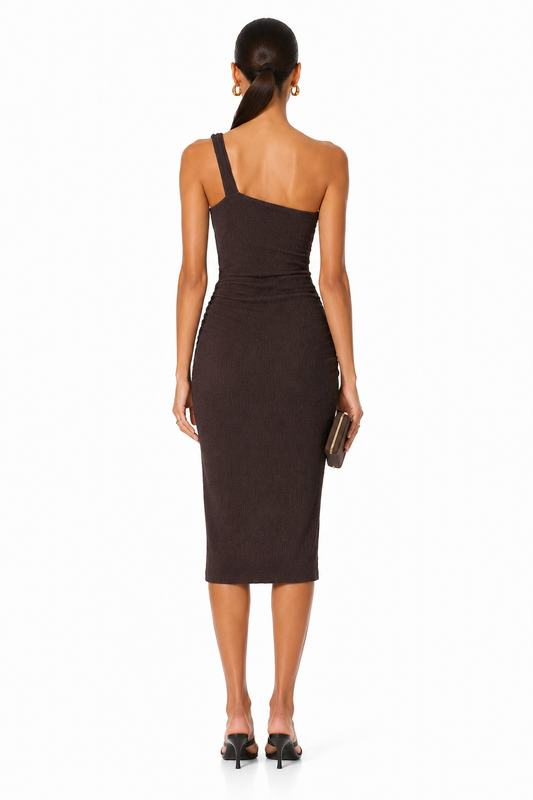 Embellished One Shoulder Ruched Midi Dress