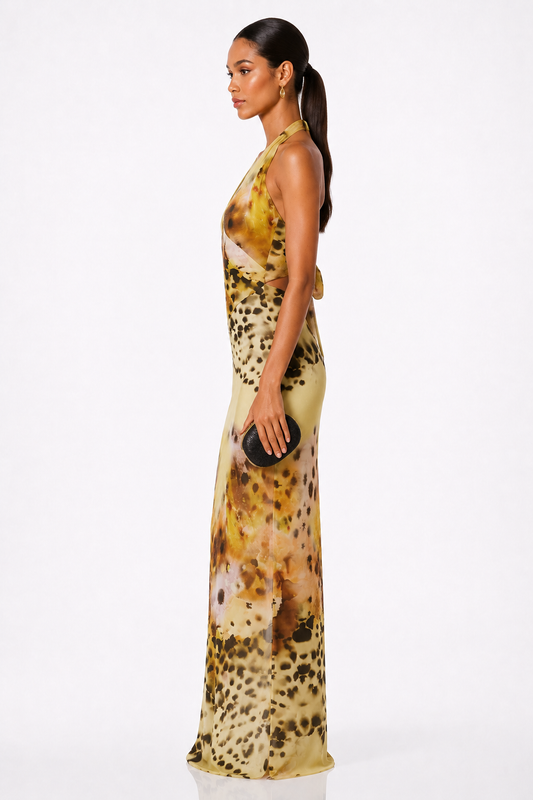 Floral Leopard Chiffon Halter Maxi Dress