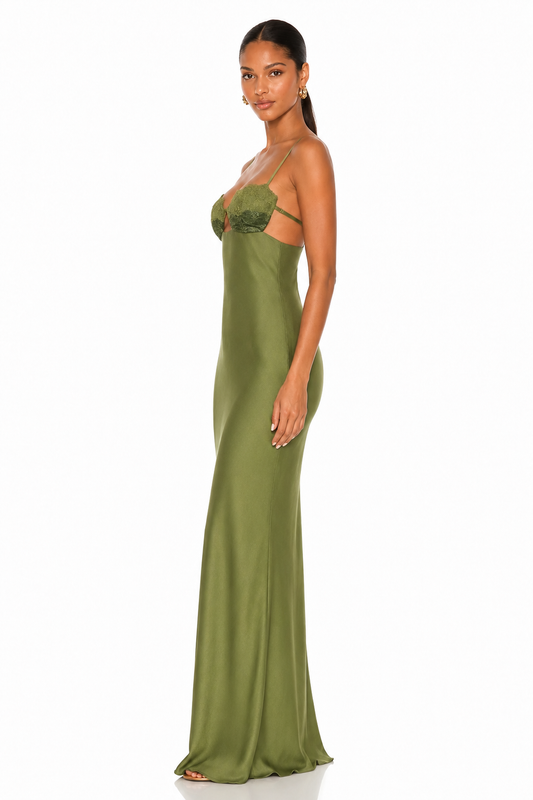 Embellished Bust Cutout Satin Maxi Dress