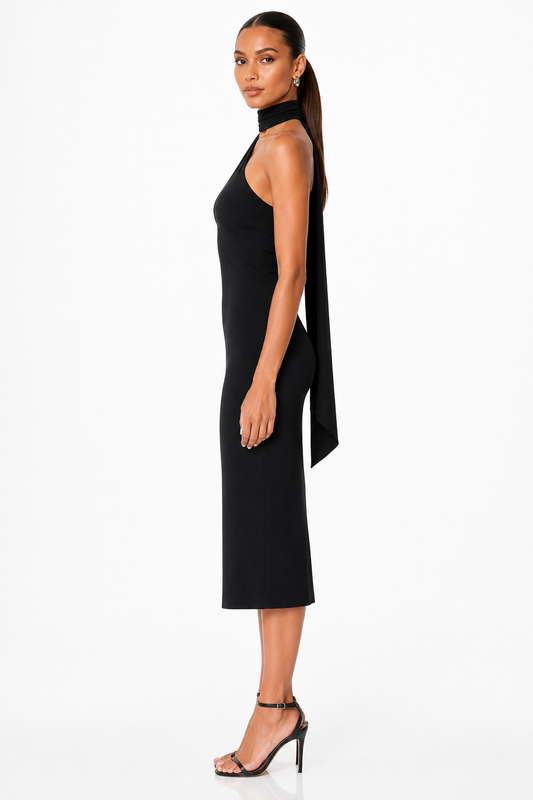 Asymmetric Scarf Neck Fitted Midi Dress