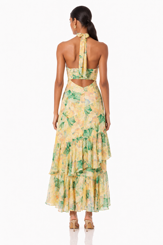 Floral Halter Ruffle High-Low Maxi Dress