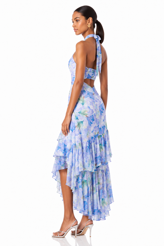 Floral Halter Ruffle High-Low Maxi Dress