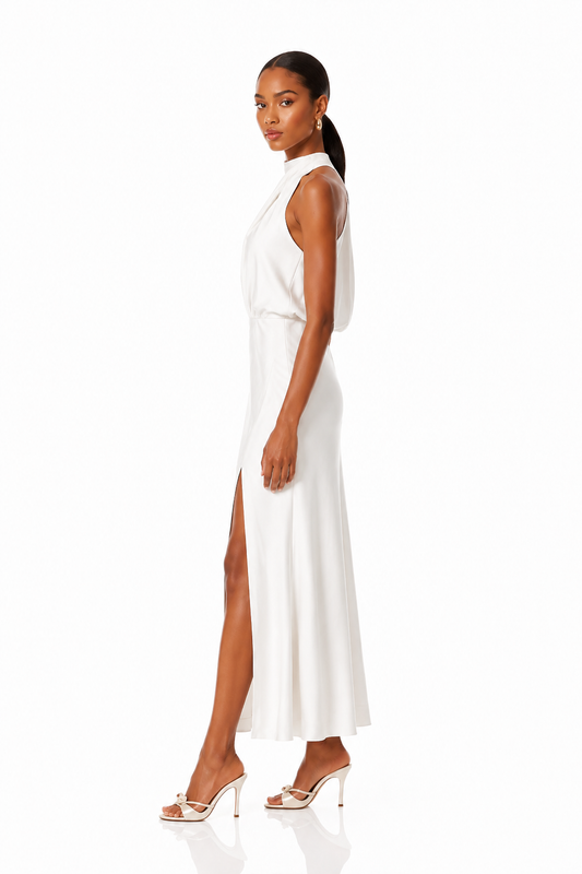 High Neck Draped Satin Slit Midi Dress