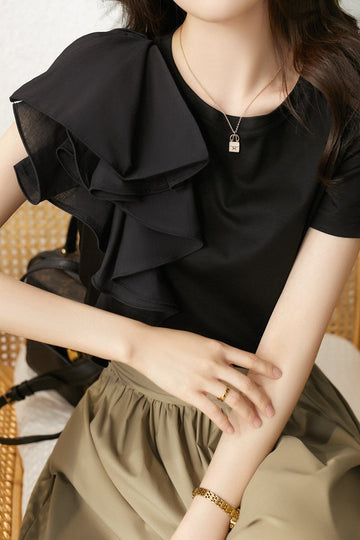 Asymmetrical Contrast Ruffle T-shirt