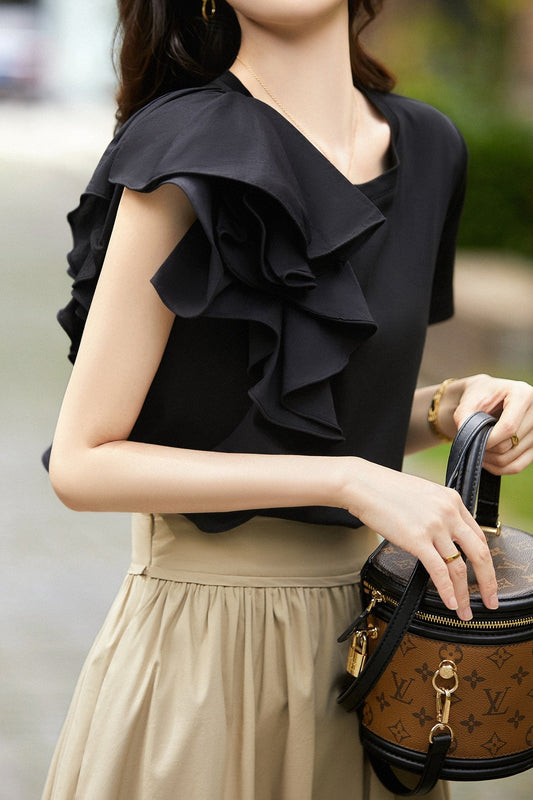 Asymmetrical Contrast Ruffle T-shirt