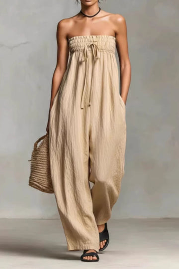 Strapless Loose Wide Leg Casual Jumpsuit with Smocked Top