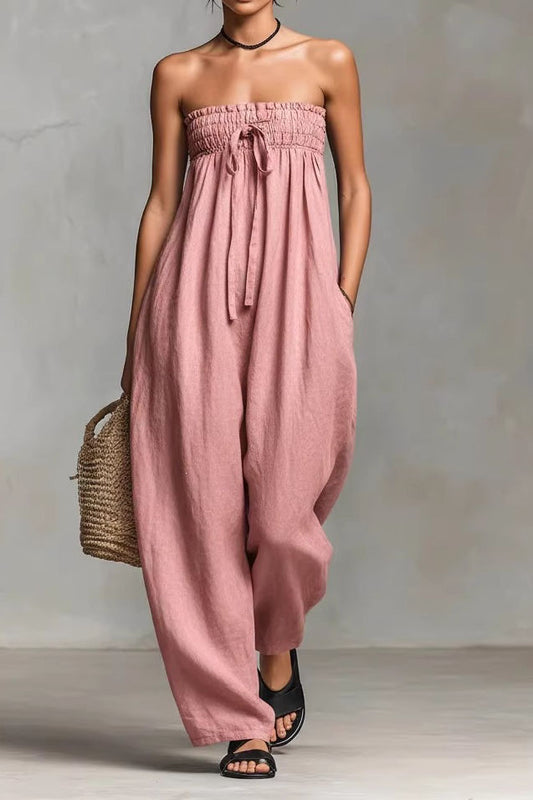 Strapless Loose Wide Leg Casual Jumpsuit with Smocked Top